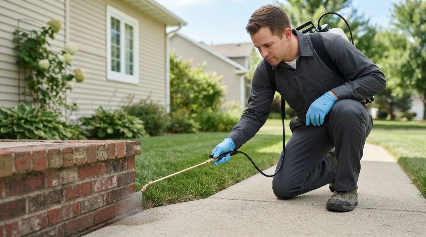 Pest control technician treating a home near Driver, AR